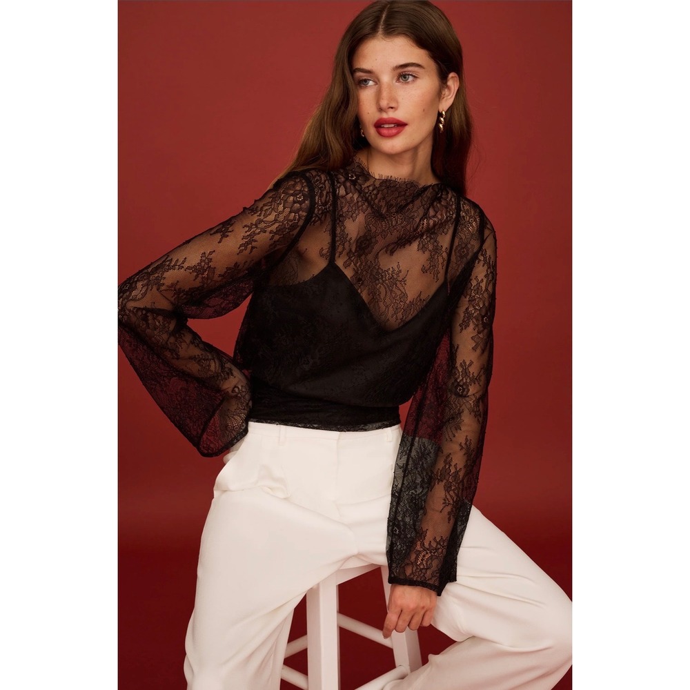 Few Moda o.p.t Black Lace Long Bell Sleeve Tie Waist Top T26WTPP02030 Size M